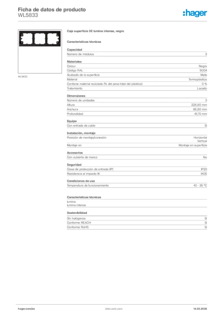 Imagen Hager Ficha de datos de producto WL5833 | Hager España
