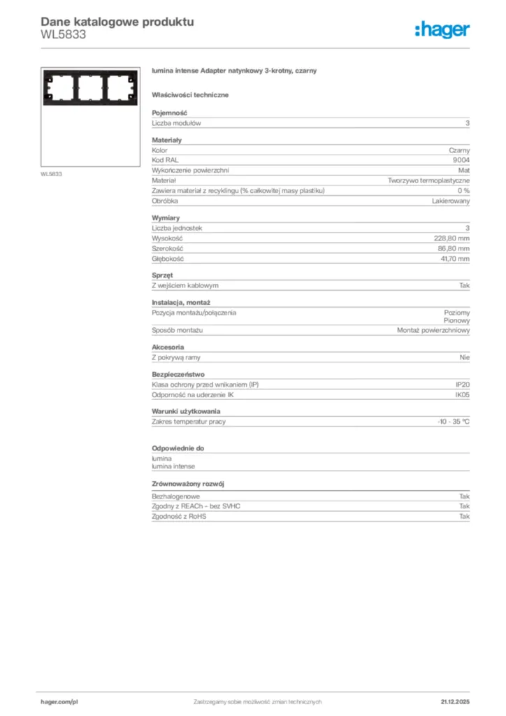 Zdjęcie Hager Dane katalogowe produktu WL5833 | Hager Polska