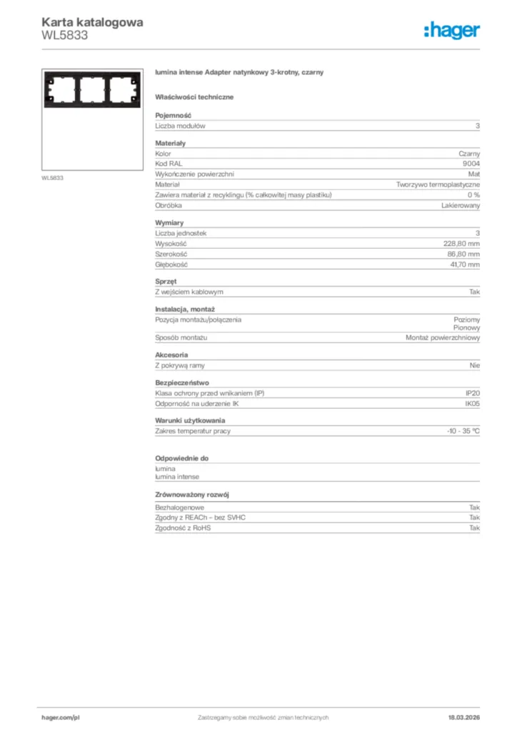Zdjęcie Hager Karta katalogowa WL5833 | Hager Polska