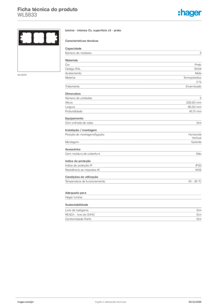 Imagem Hager Ficha técnica do produto WL5833 | Hager Portugal