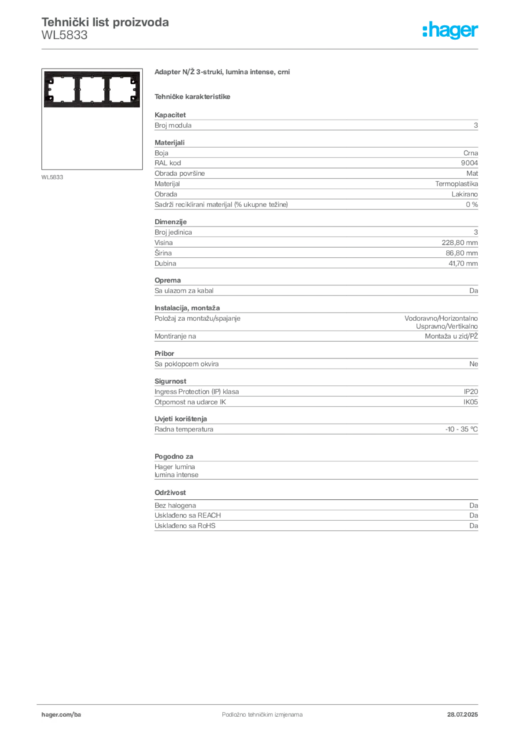 Slika Hager Product data sheet WL5833  | Hager