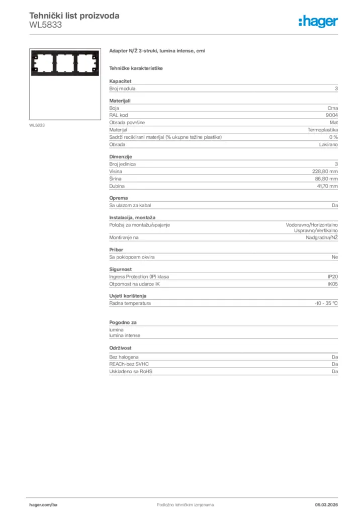 Slika Hager Tehnički list proizvoda WL5833  | Hager