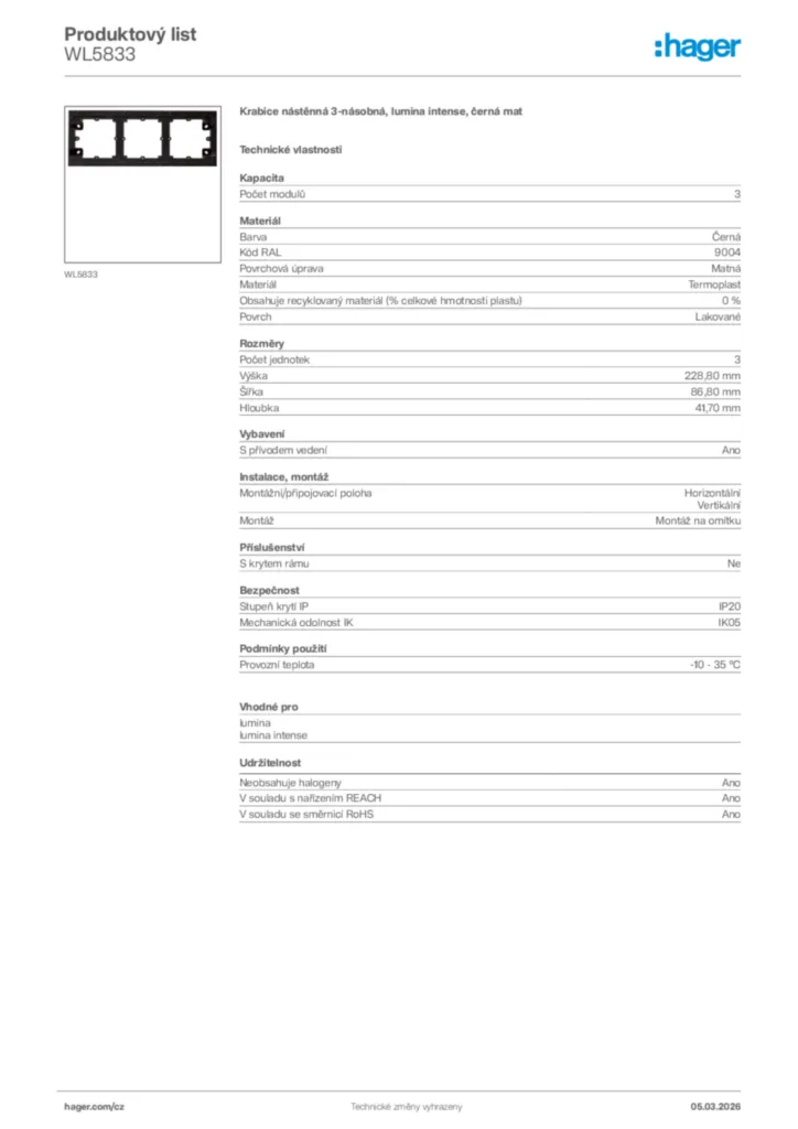 Obrázek Hager Product data sheet WL5833 | Hager