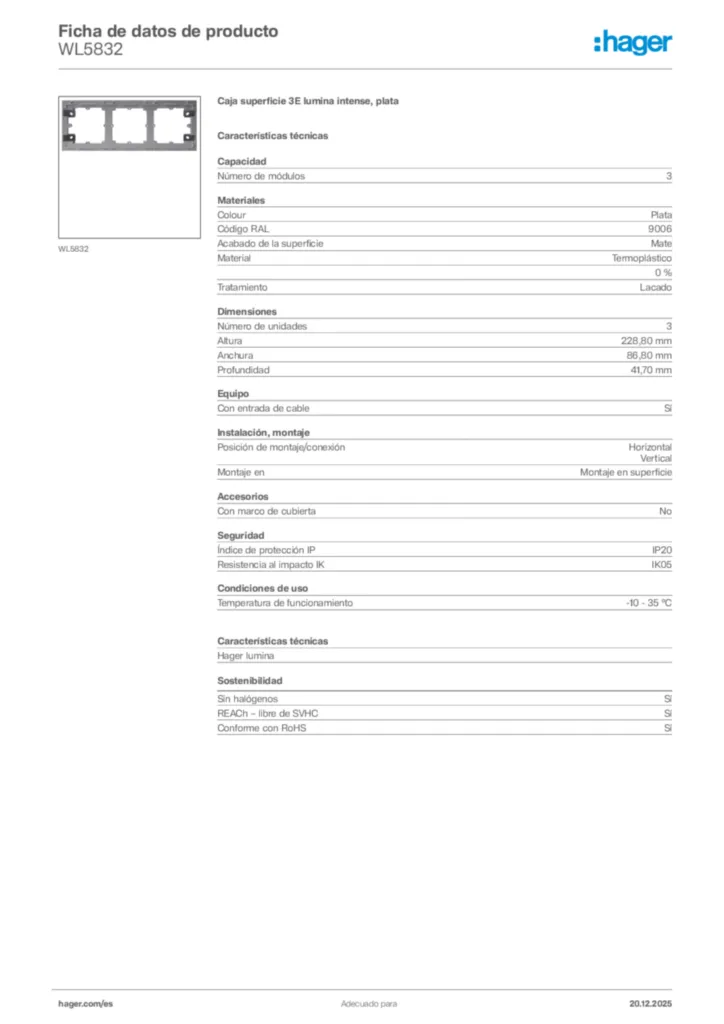 Imagen Hager Ficha de datos de producto WL5832 | Hager España