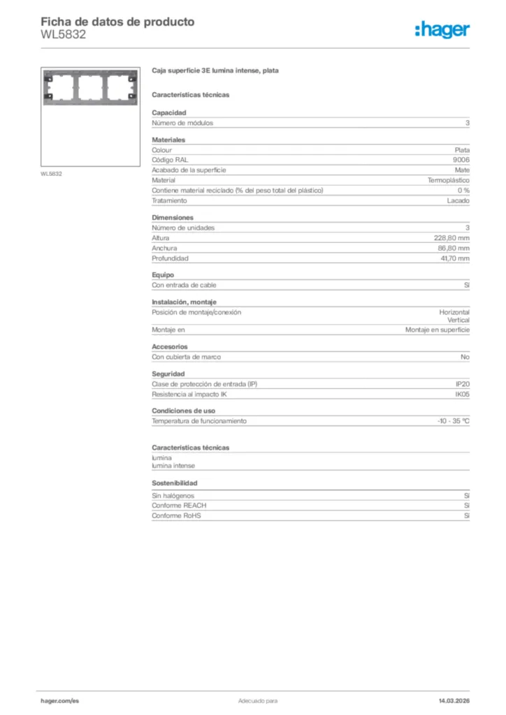 Imagen Hager Ficha de datos de producto WL5832 | Hager España