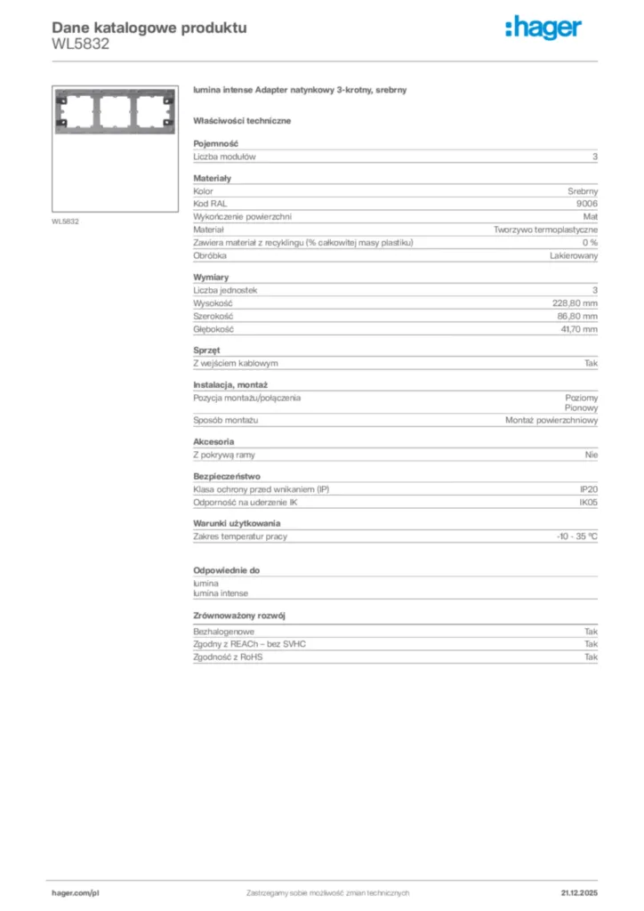 Zdjęcie Hager Dane katalogowe produktu WL5832 | Hager Polska