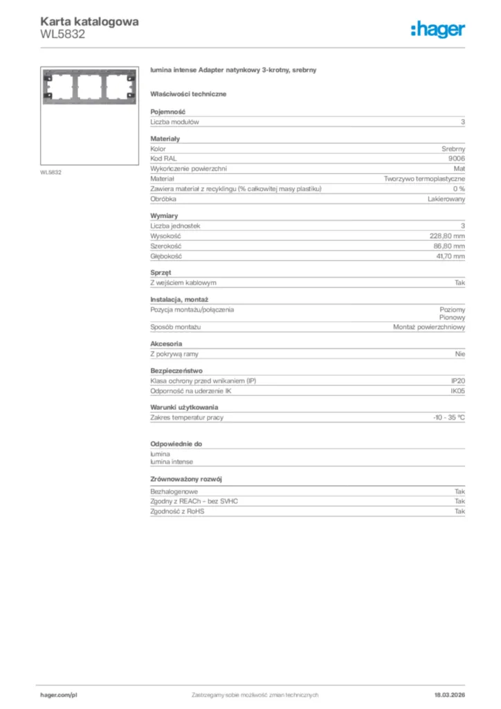 Zdjęcie Hager Karta katalogowa WL5832 | Hager Polska