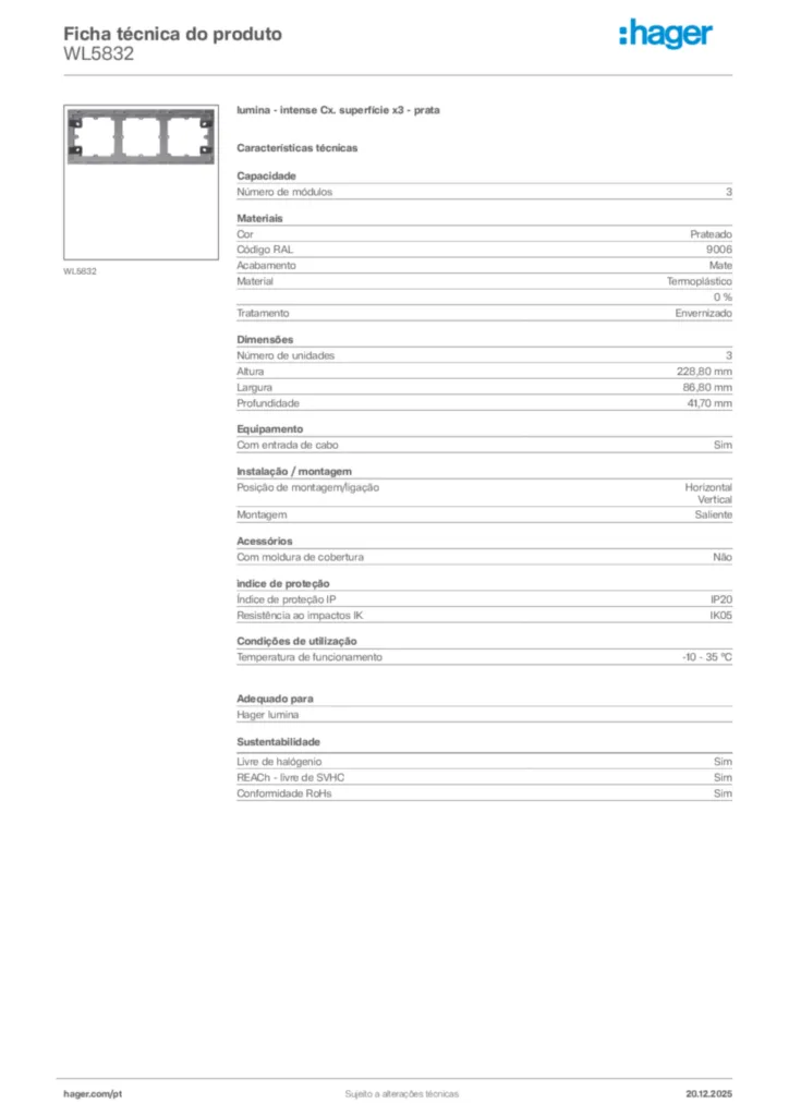 Imagem Hager Ficha técnica do produto WL5832 | Hager Portugal