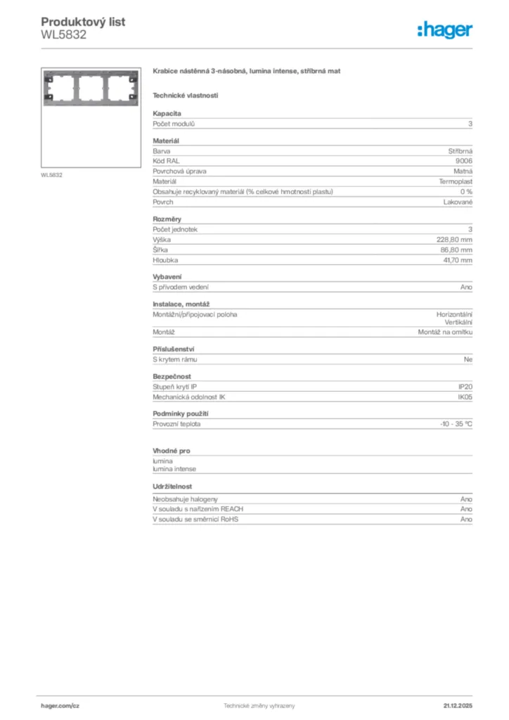 Obrázek Hager Produktový list WL5832 | Hager