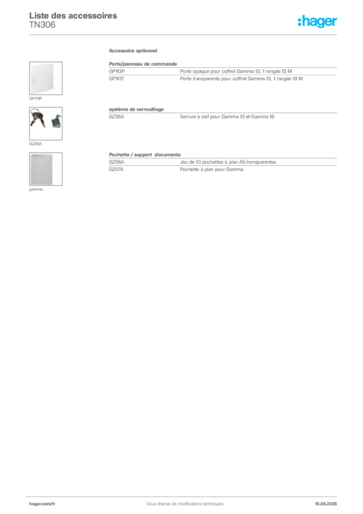 Image Hager Fiche technique du produit TN306 | Hager France