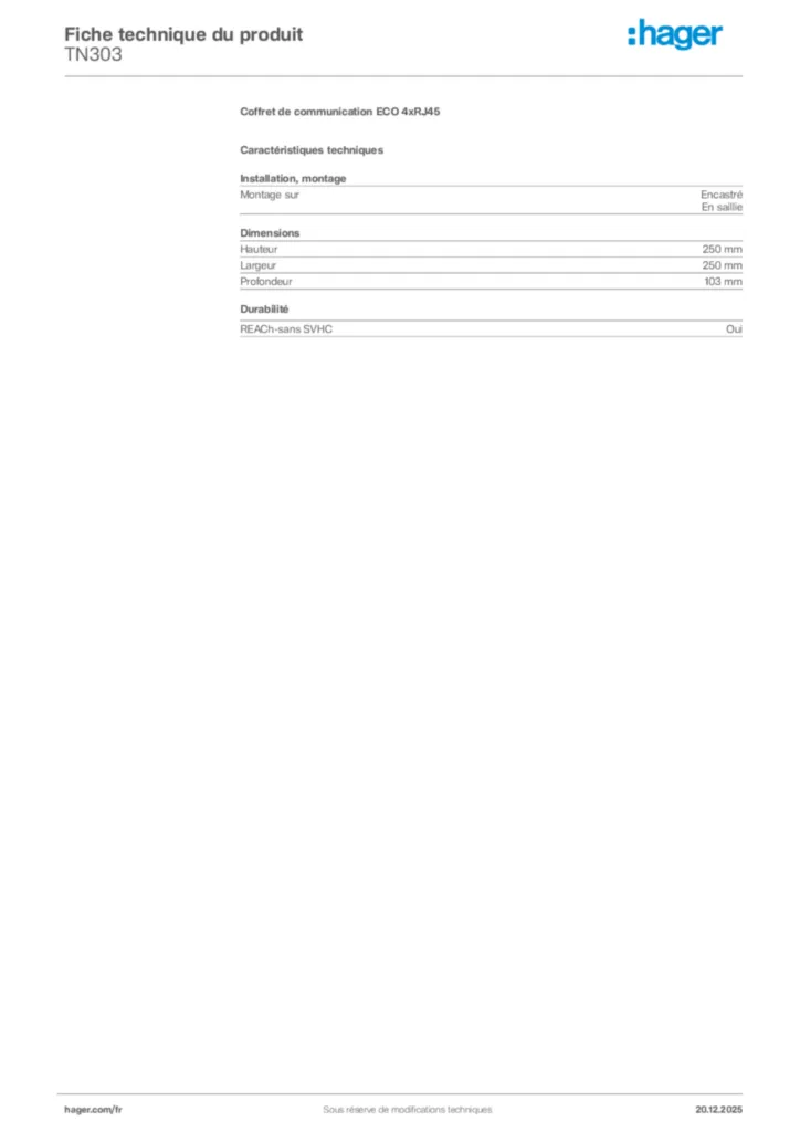 Image Hager Fiche technique du produit TN303 | Hager France