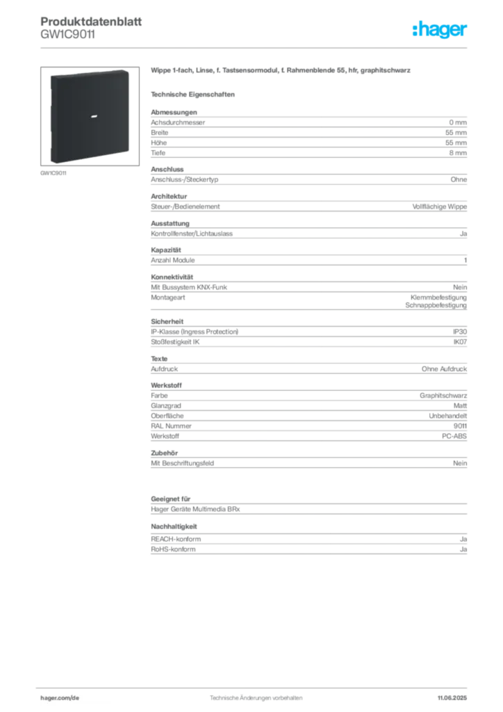 Hager Produktdatenblatt GW1C9011