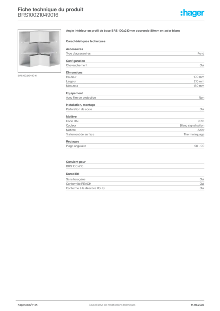 Image Hager Fiche technique du produit BRS10021049016 | Hager Suisse