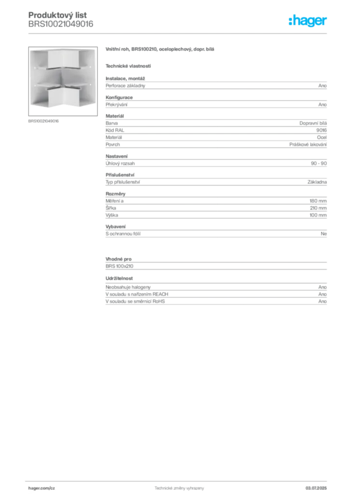 Obrázek Hager Produktový list BRS10021049016 | Hager