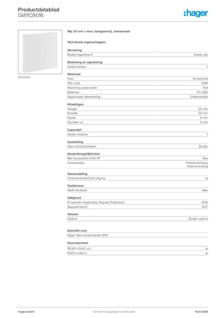 Afbeelding Hager Productdatablad GW1C9016 | Hager Nederland