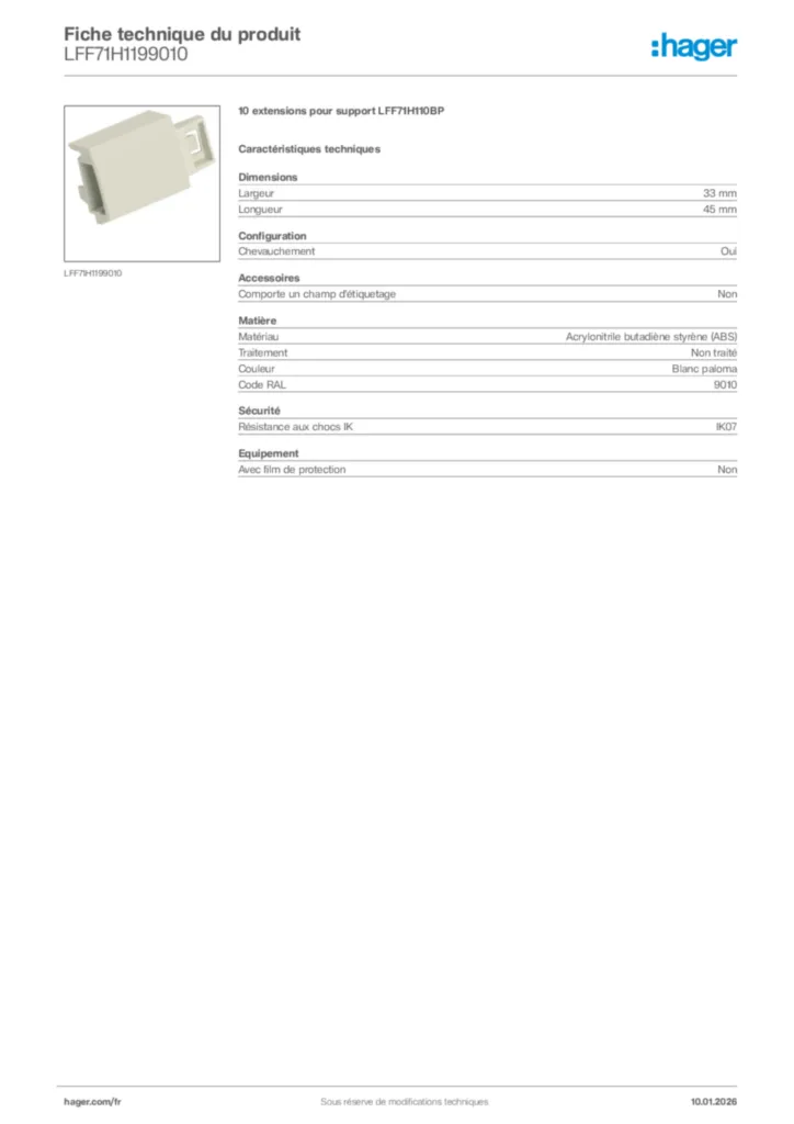 Image Hager Fiche technique du produit LFF71H1199010 | Hager France