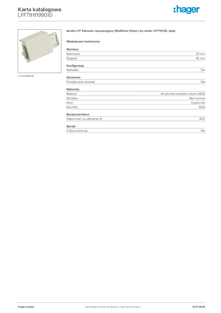 Zdjęcie Hager Karta katalogowa LFF71H1199010 | Hager Polska