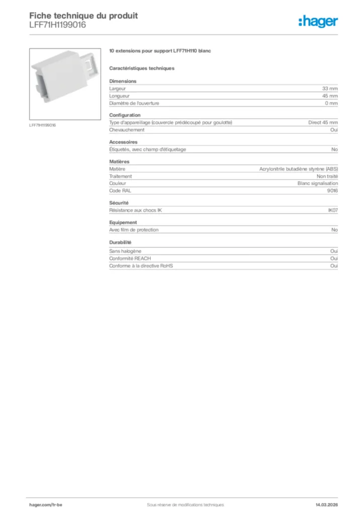 Image Hager Fiche technique du produit LFF71H1199016 | Hager Belgique