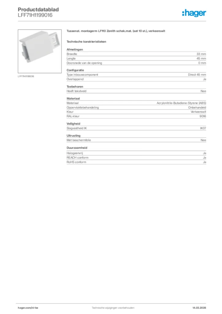 Afbeelding Hager Productdatablad LFF71H1199016 | Hager Belgium