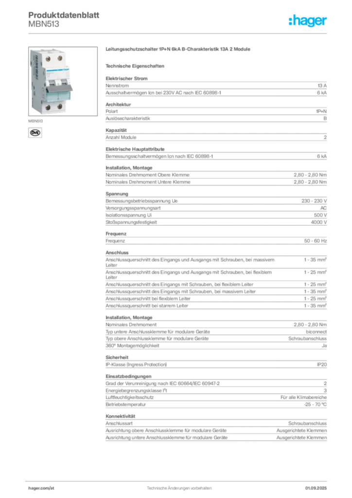 Bild Hager Produktdatenblatt MBN513 | Hager Deutschland