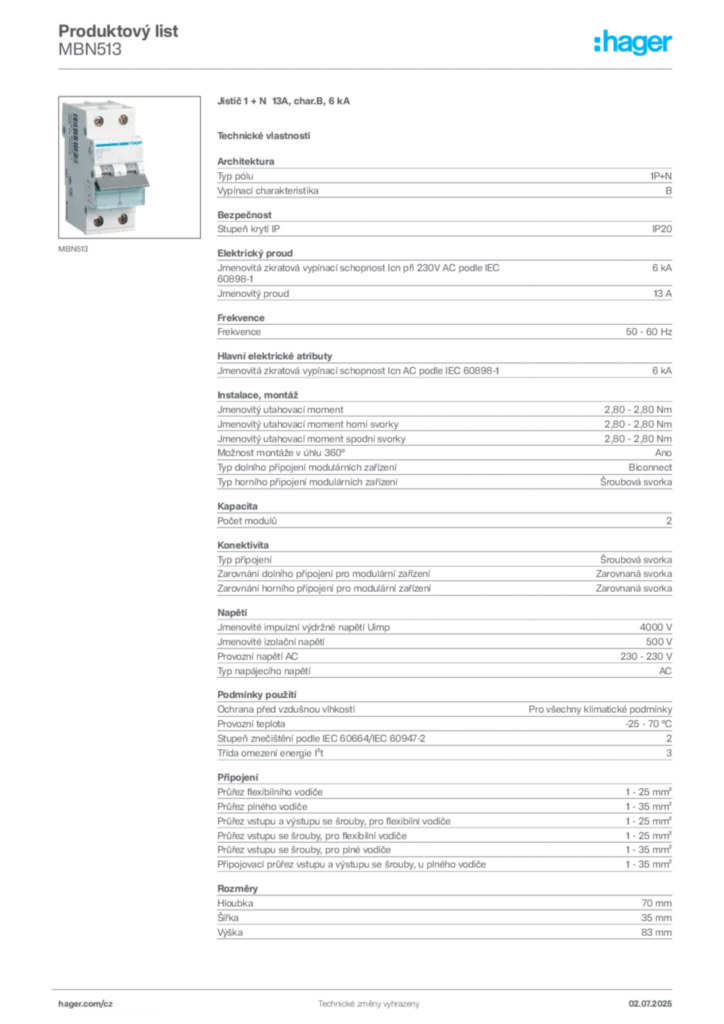 Obrázek Hager Produktový list MBN513 | Hager