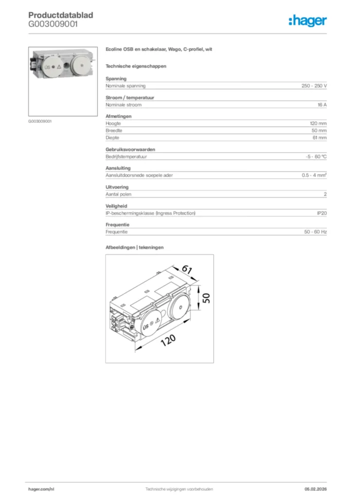 Afbeelding Hager Productdatablad G003009001 | Hager Nederland