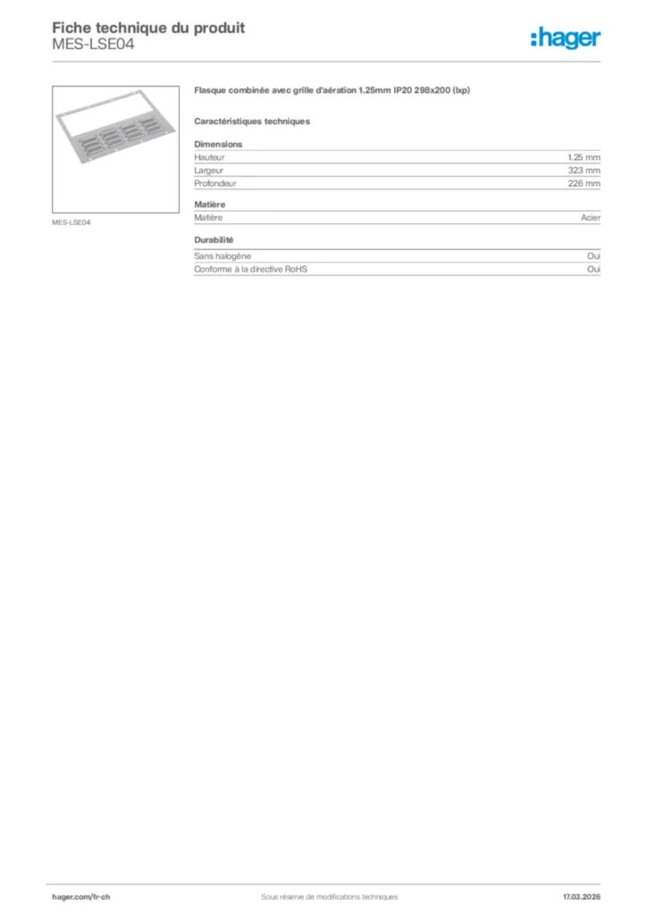 Image Hager Fiche technique du produit MES-LSE04 | Hager Suisse