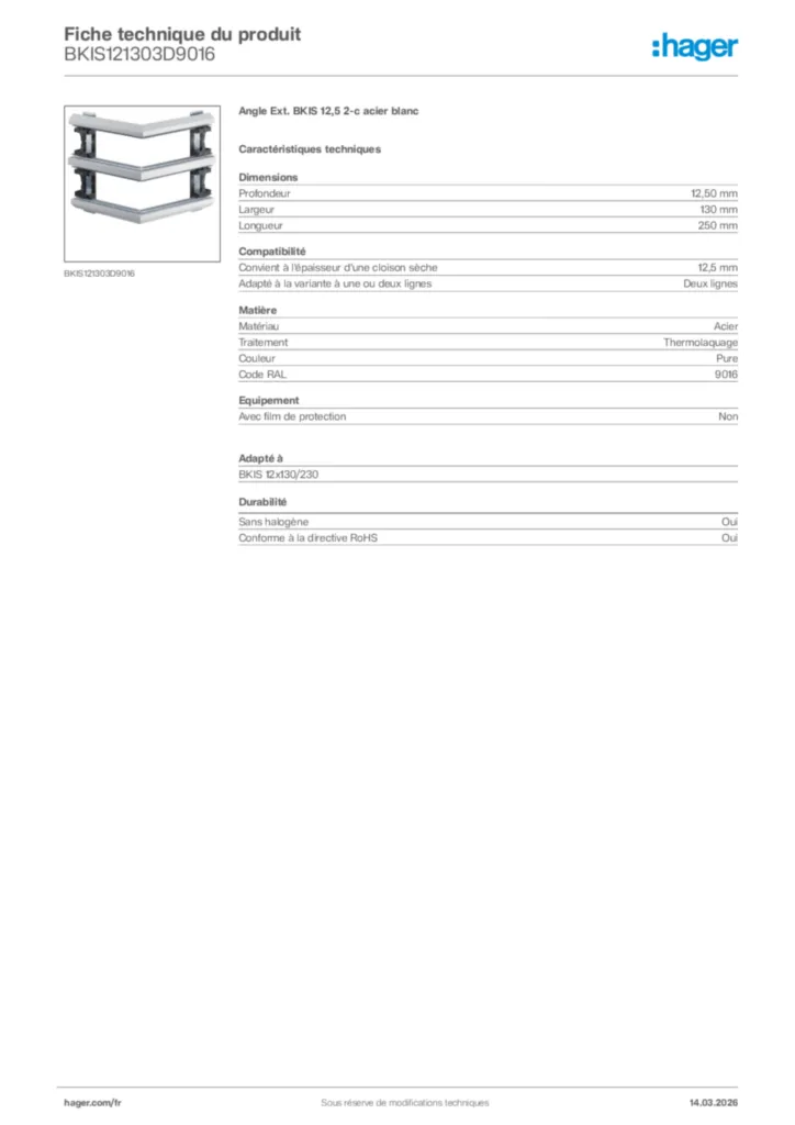 Image Hager Fiche technique du produit BKIS121303D9016 | Hager France