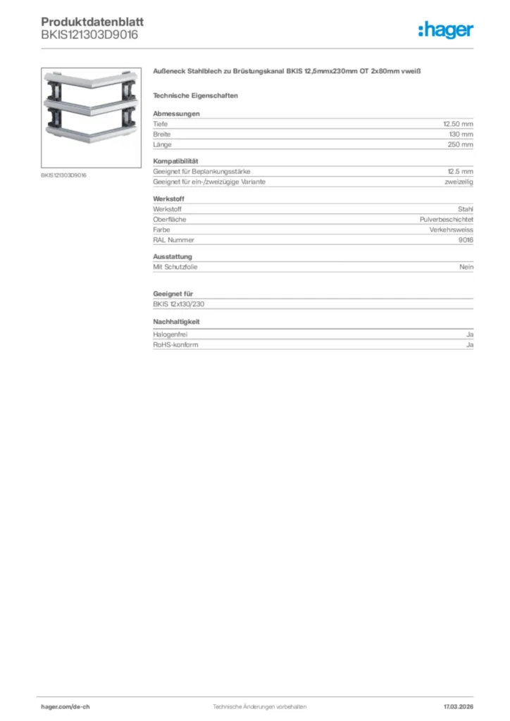 Bild Hager Produktdatenblatt BKIS121303D9016 | Hager Schweiz