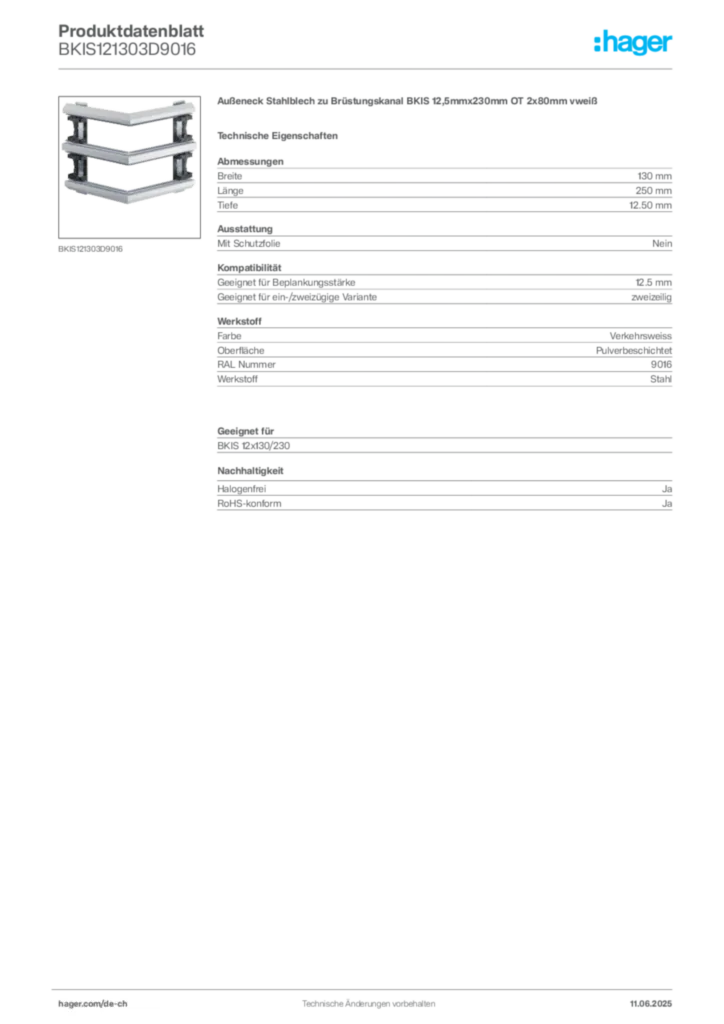 Bild Hager Produktdatenblatt BKIS121303D9016 | Hager Schweiz