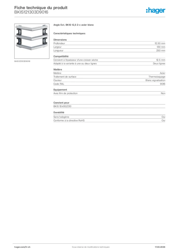 Image Hager Fiche technique du produit BKIS121303D9016 | Hager Suisse