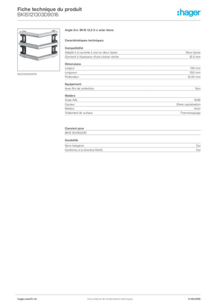 Image Hager Fiche technique du produit BKIS121303D9016 | Hager Suisse
