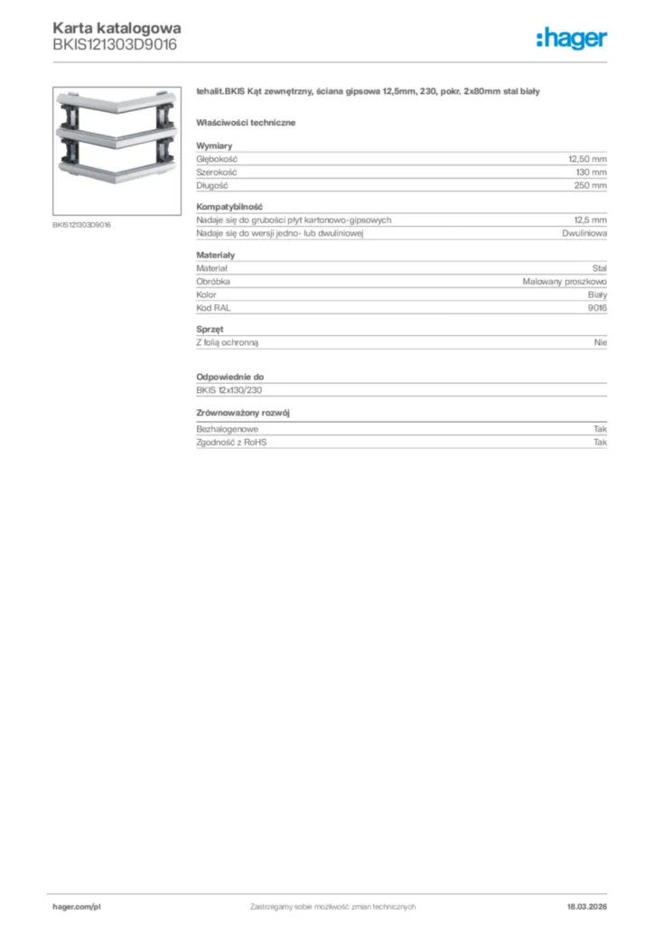 Zdjęcie Hager Karta katalogowa BKIS121303D9016 | Hager Polska