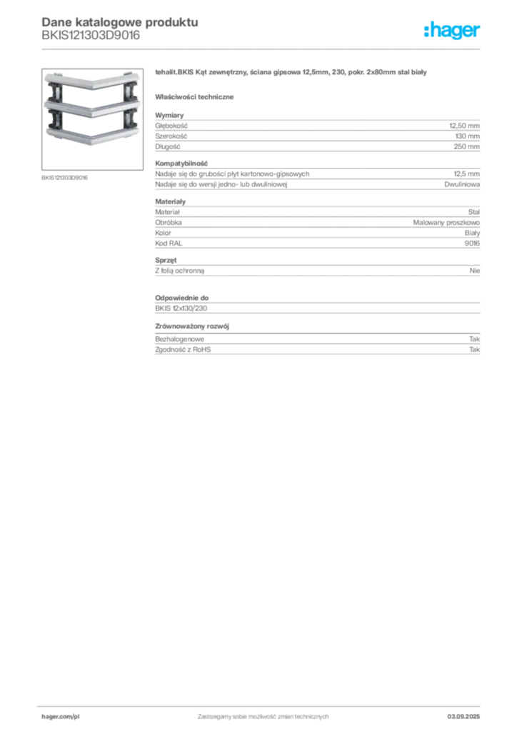 Zdjęcie Hager Dane katalogowe produktu BKIS121303D9016 | Hager Polska