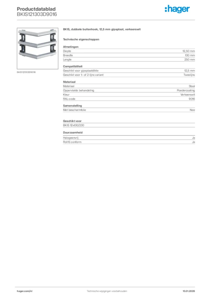 Afbeelding Hager Productdatablad BKIS121303D9016 | Hager Nederland