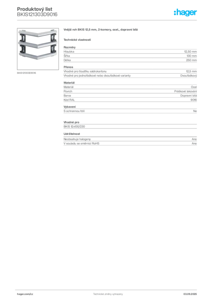 Obrázek Hager Produktový list BKIS121303D9016 | Hager