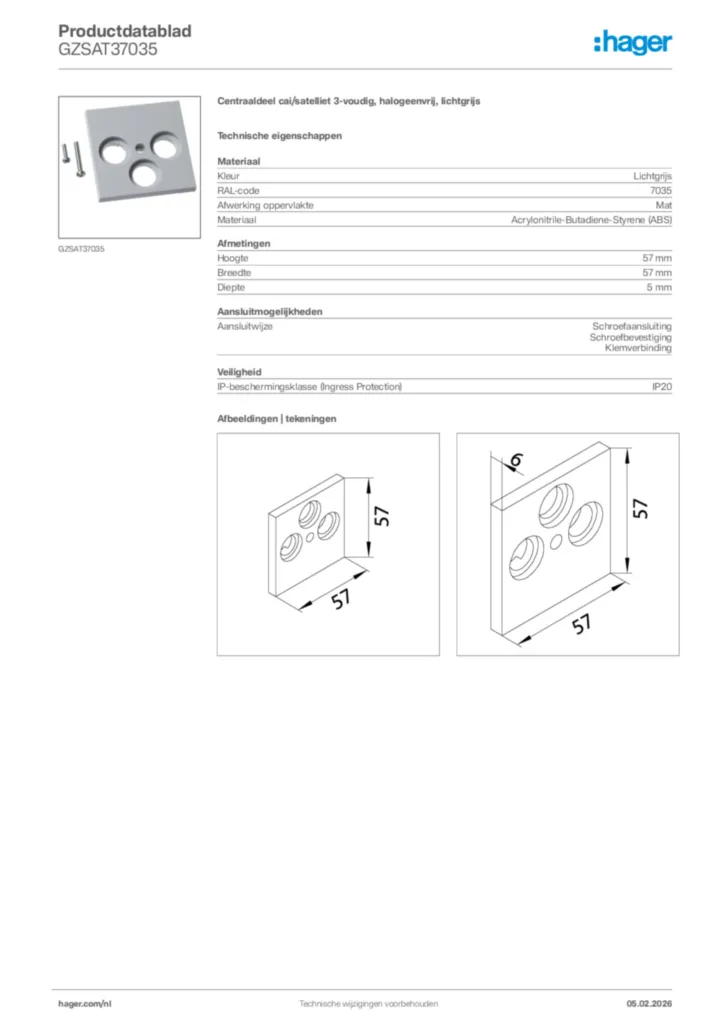 Afbeelding Hager Productdatablad GZSAT37035 | Hager Nederland