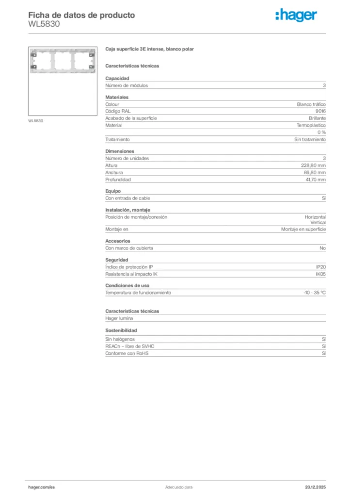 Imagen Hager Ficha de datos de producto WL5830 | Hager España