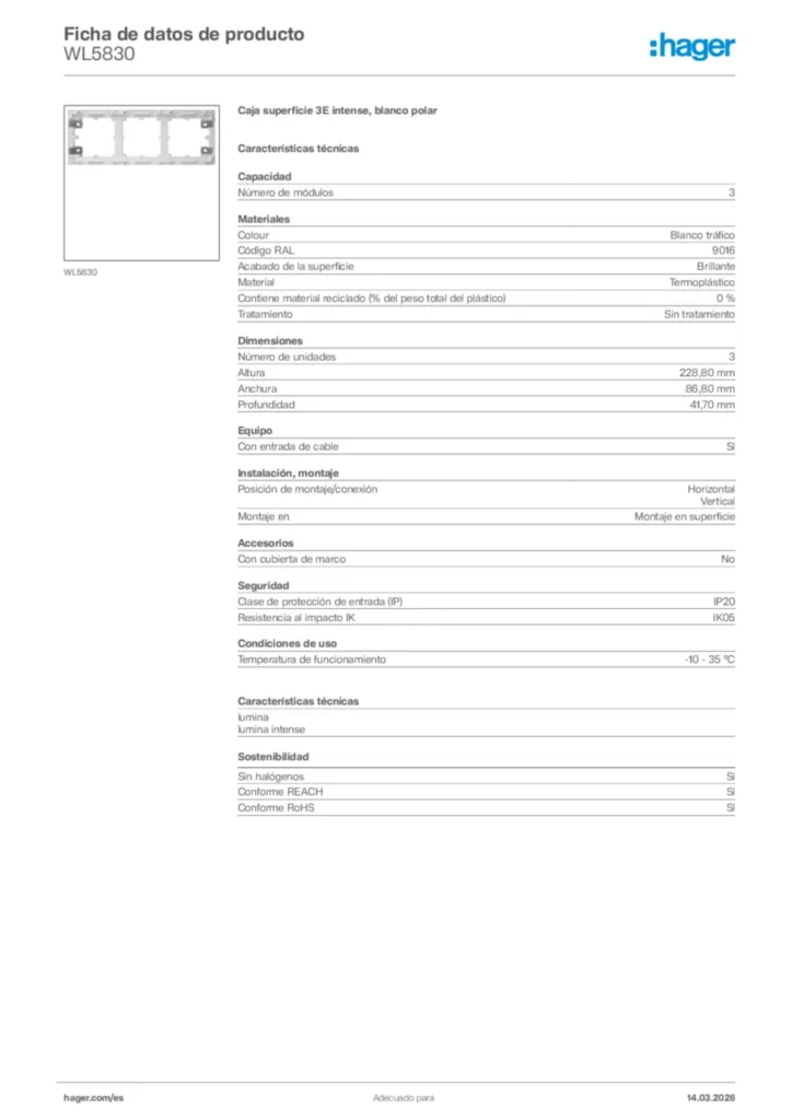 Imagen Hager Ficha de datos de producto WL5830 | Hager España