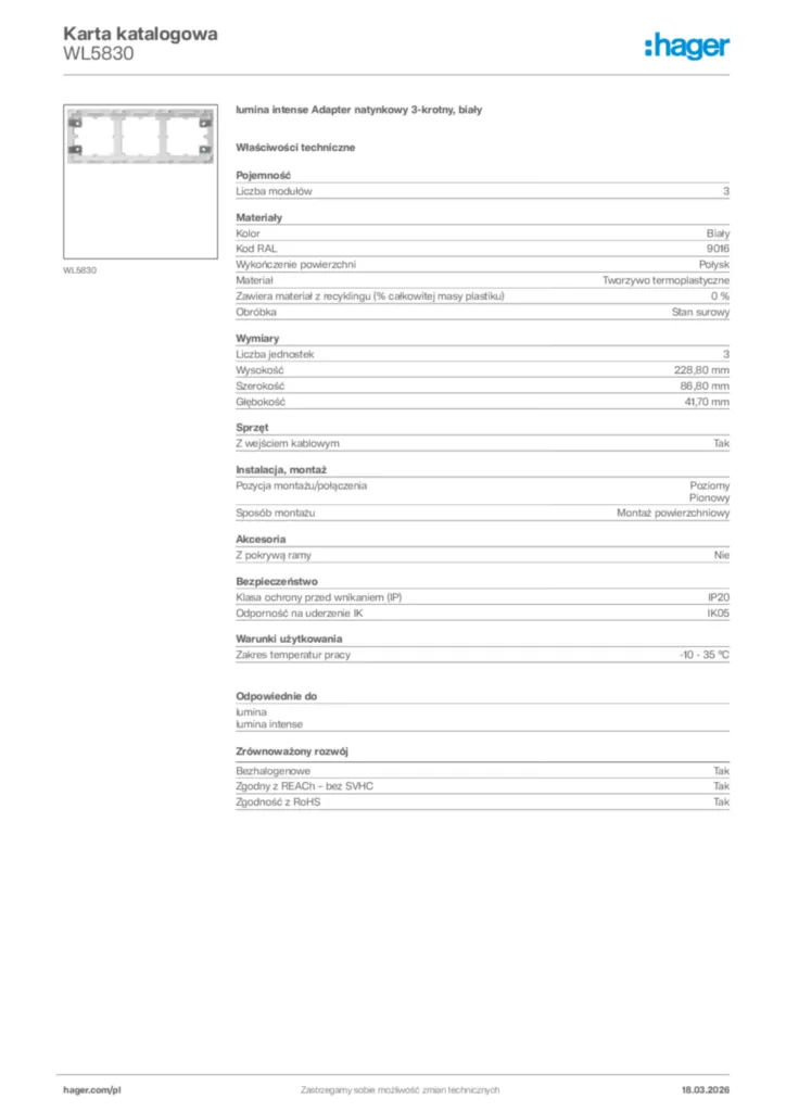 Zdjęcie Hager Karta katalogowa WL5830 | Hager Polska