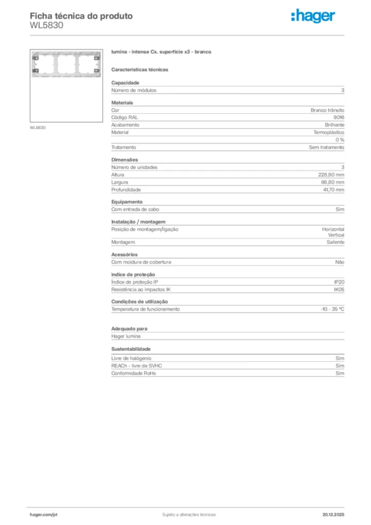 Imagem Hager Ficha técnica do produto WL5830 | Hager Portugal