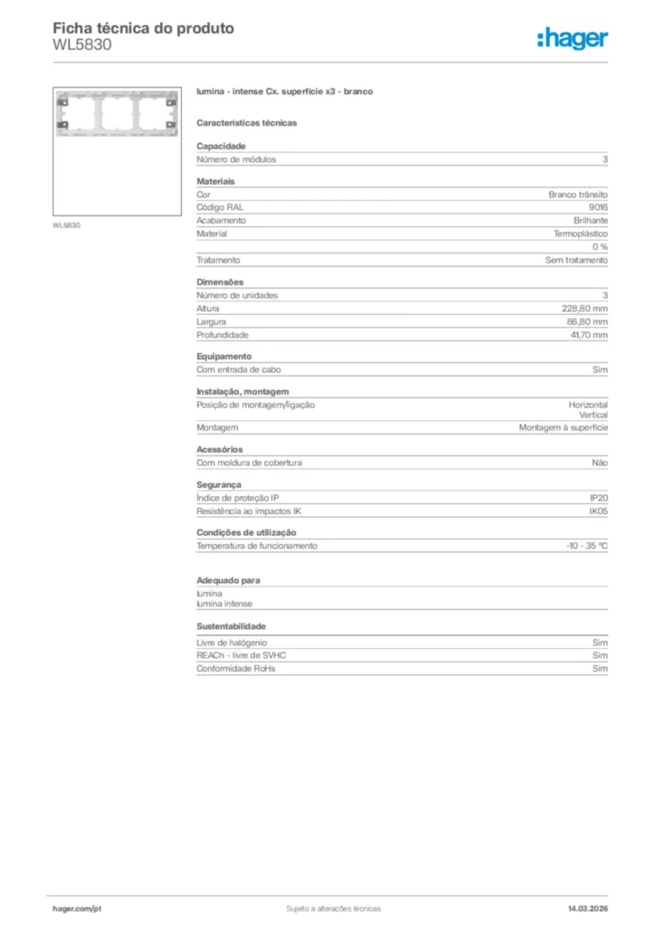 Imagem Hager Ficha técnica do produto WL5830 | Hager Portugal