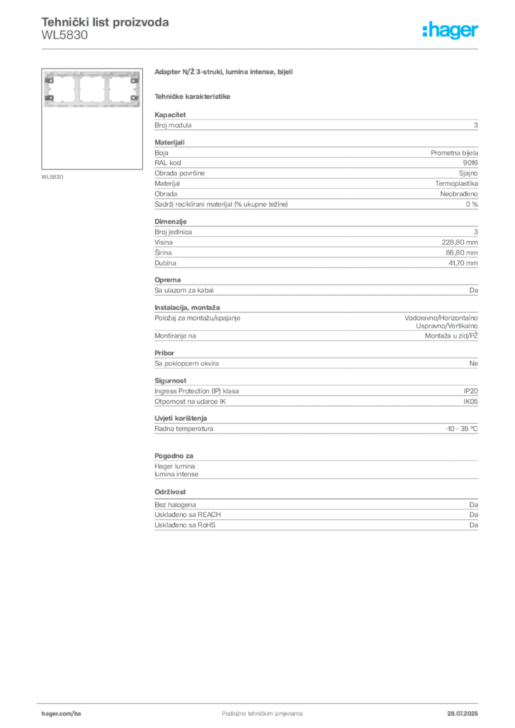 Slika Hager Product data sheet WL5830  | Hager