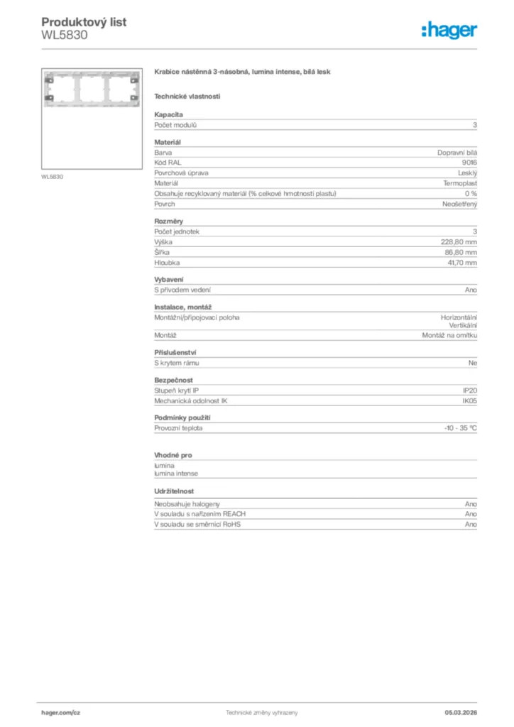 Obrázek Hager Product data sheet WL5830 | Hager