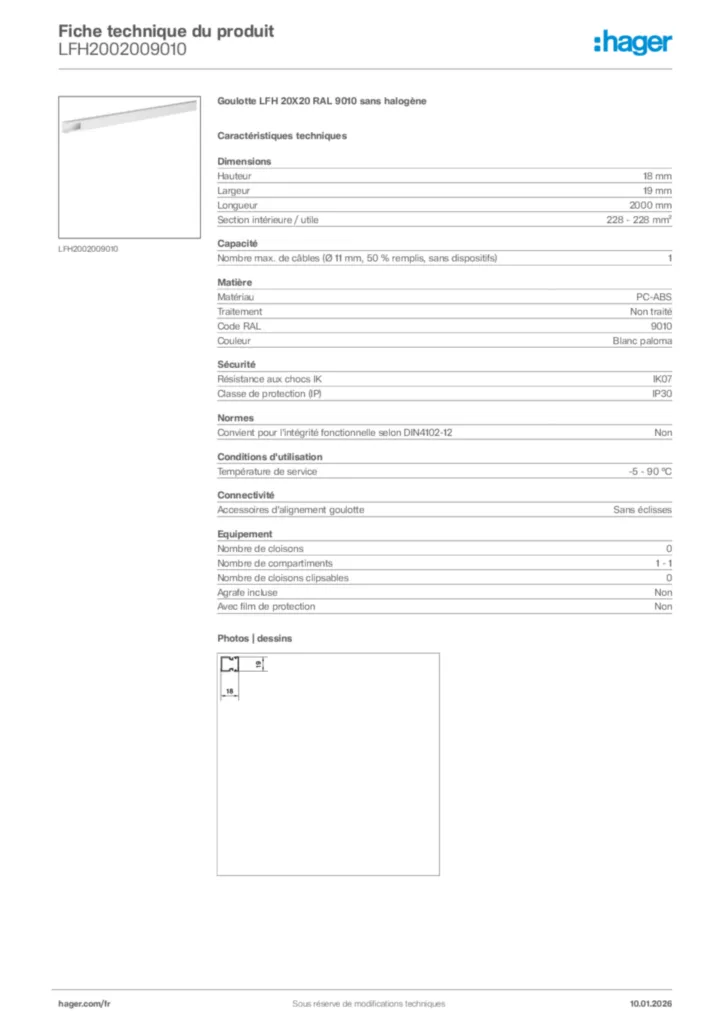 Image Hager Fiche technique du produit LFH2002009010 | Hager France