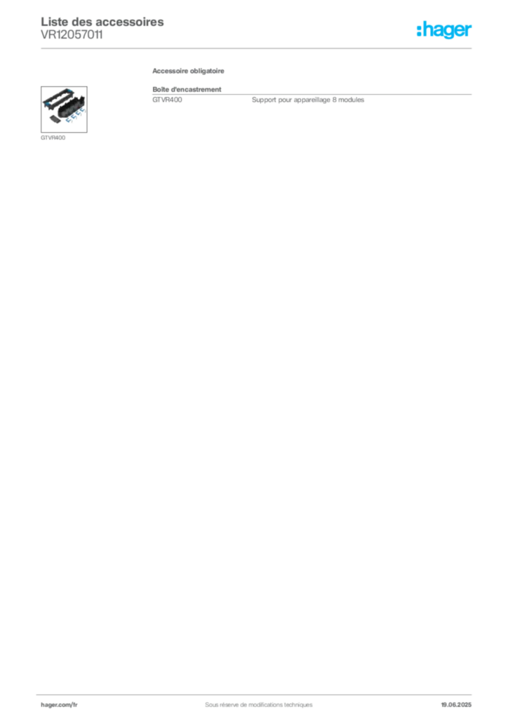 Image Hager Fiche technique du produit VR12057011 | Hager France