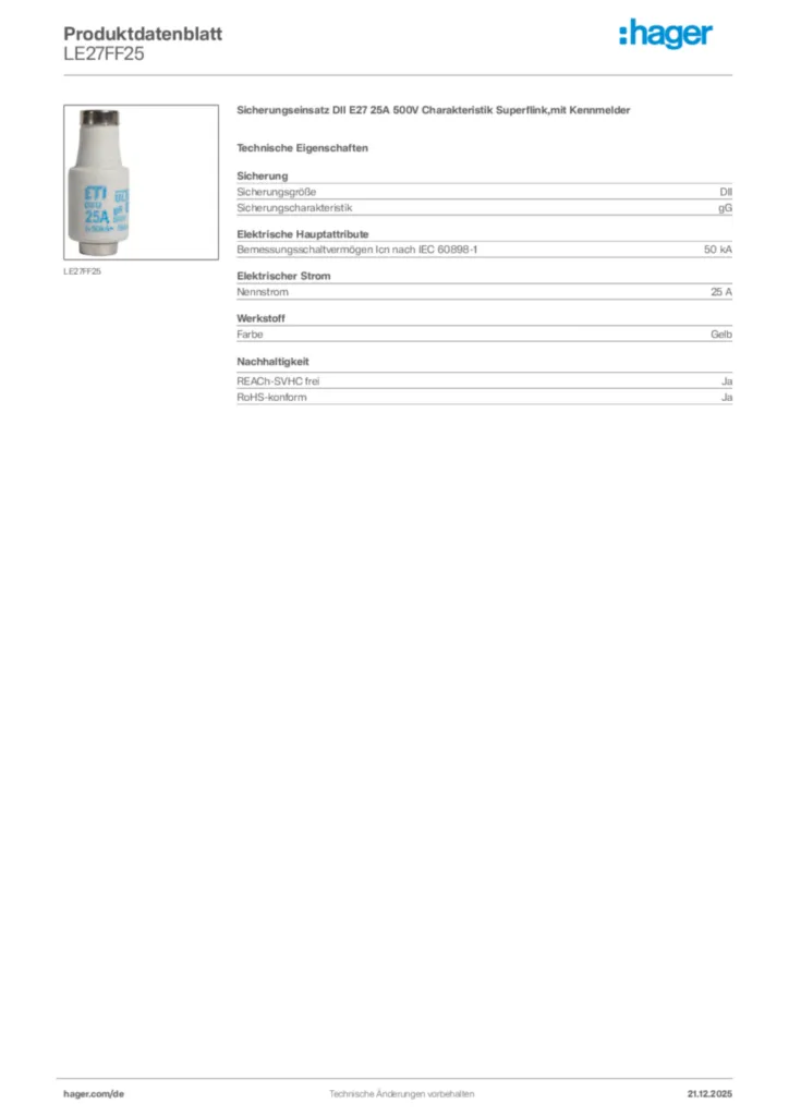 Bild Hager Produktdatenblatt LE27FF25 | Hager Deutschland