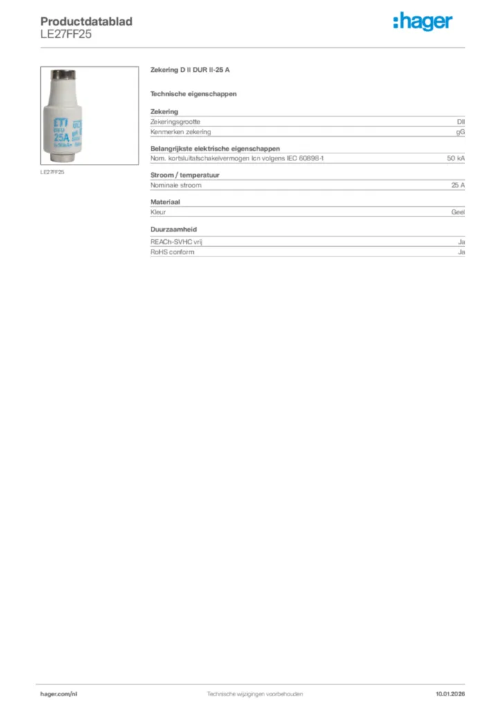 Afbeelding Hager Productdatablad LE27FF25 | Hager Nederland