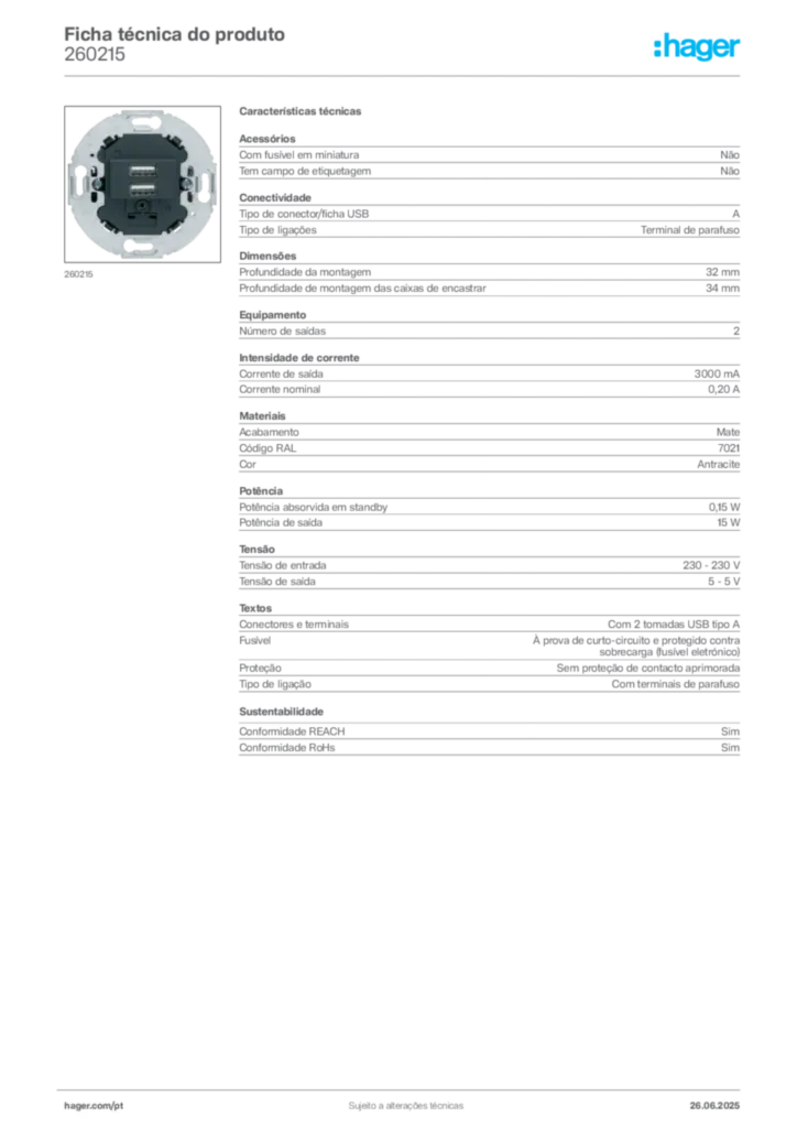 Imagem Hager Ficha técnica do produto 260215 | Hager Portugal