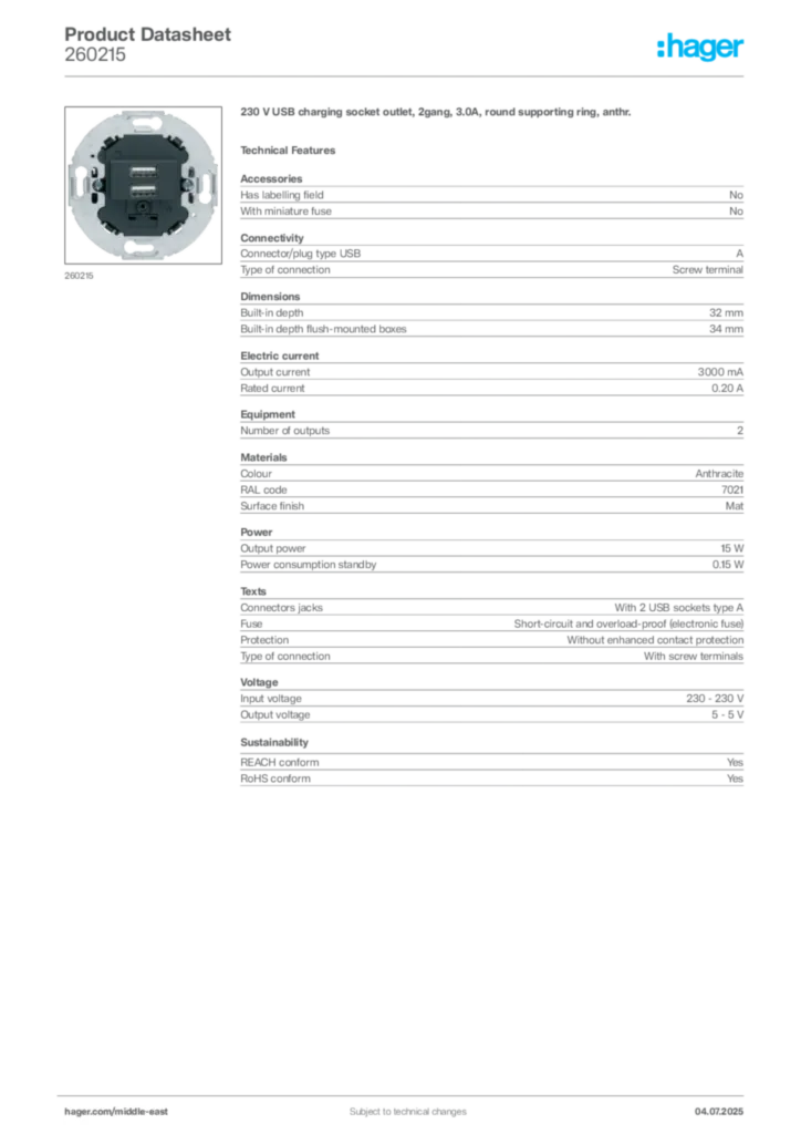 Image Hager Product data sheet 260215  | Hager
